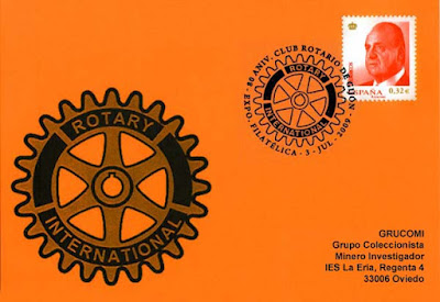Tarjeta de matasellos del 80 aniversario del Club Rotary de Gijón.