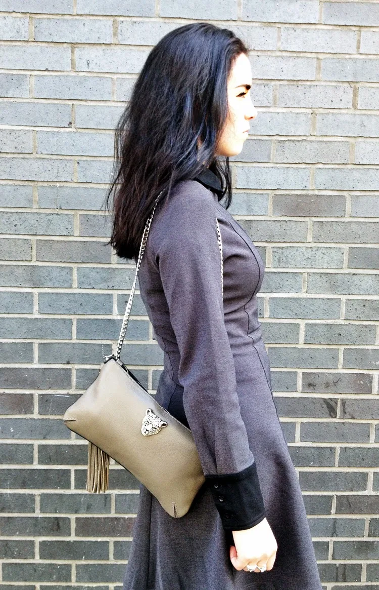 Grey leather Rusi Designs handbag on London fashion blogger Emma Louise Layla