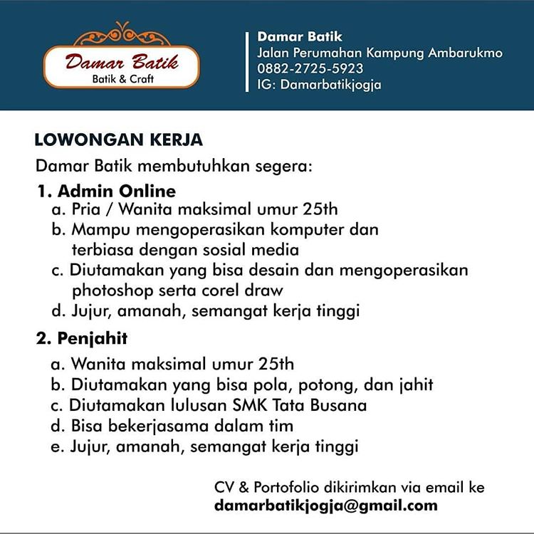Lowongan Kerja Penjahit Admin Online Di Damar Batik Jogja April 2019 Loker Swasta
