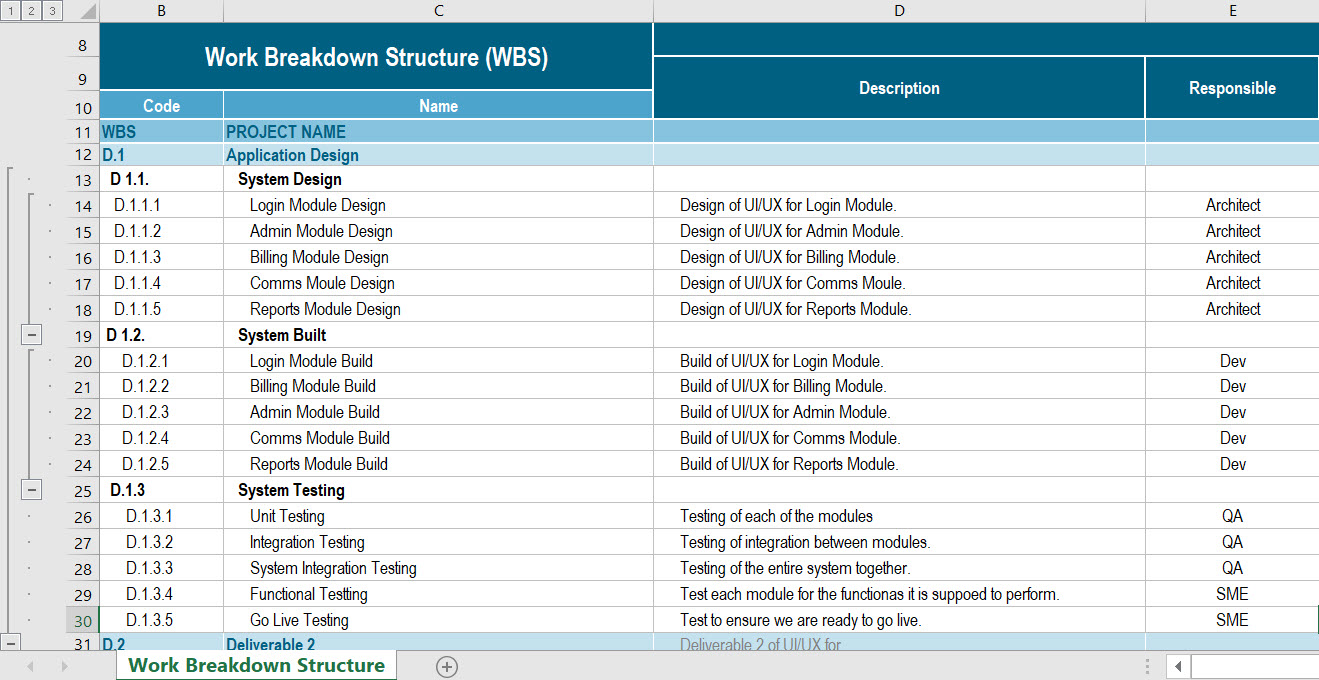 Excel Sheet Work Breakdown Structure Template Excel