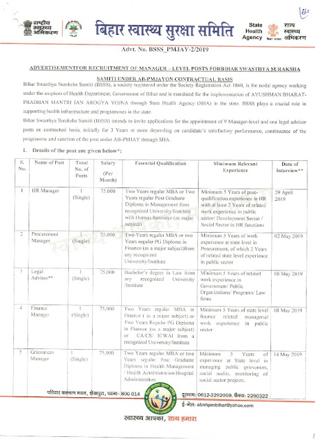 Recruitment of 2 post in Bihar Swasthya Suraksha Samiti, Bihar