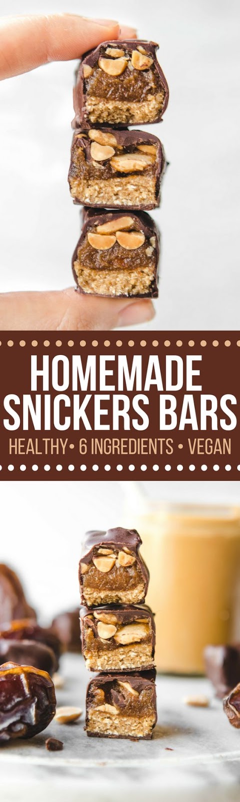 Homemade Snickers Bars that are made with only 6 ingredients! Perfect for a healthy-ish dessert that is vegan, gluten free, and refined sugar free. #vegan #plantbased #candy #healthy #snickers #homemadesnickers #caramel #vegandesserts #chocolate #refinedsugarfree #oilfree