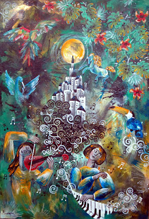 le radici musicali https://www.latelierdannapia.com/ le radici musicali piante tropicali pianista violista violinista tucano pappagallo cavallo luna pianoforte quadro acrilico su tela, onirico poetico surrealista tableau surrealiste onirique musique toucan cheval plantes fleurs tropicales