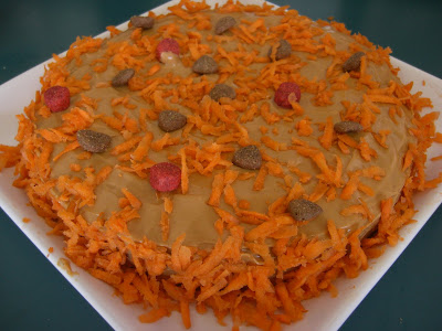 Picture of Rudy's birthday cake - iced with peanut butter & decorated with shredded carrots & kibble