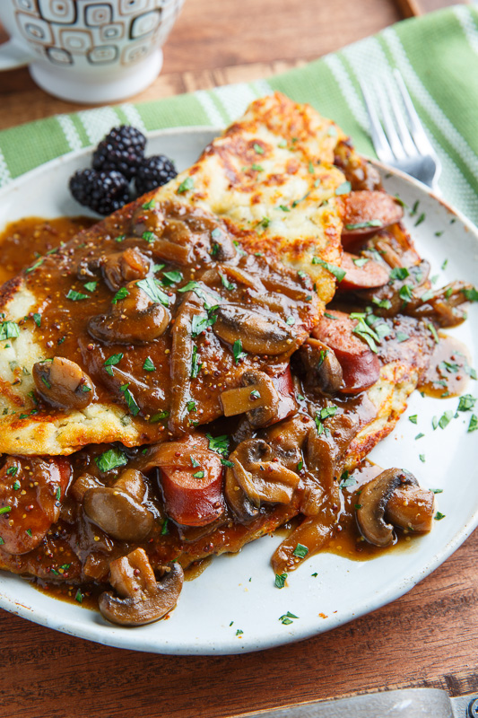 Boxty (Irish Potato Pancakes) with Bangers in a Guinness Mushroom and Onion Gravy Boxty (Irish Potato Pancakes) with Bangers in a Guinness Mushroom and Onion Gravy
