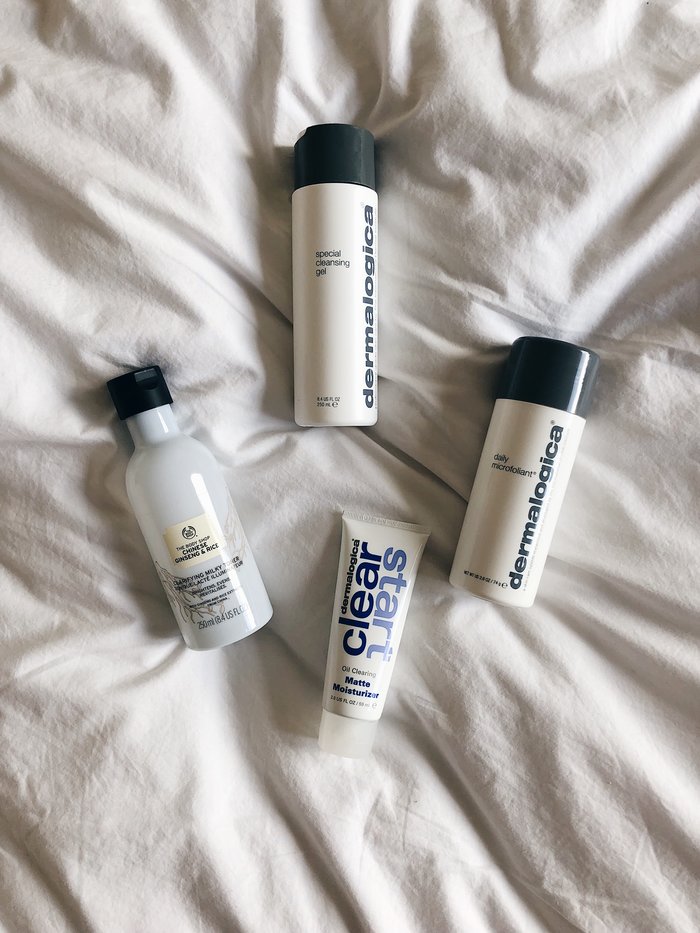 My morning acne clearing skincare routine featuring products from Dermalogica and The Body Shop. 