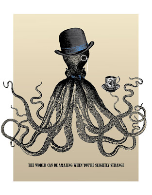octopus in a top hat drinking tea poster with text
