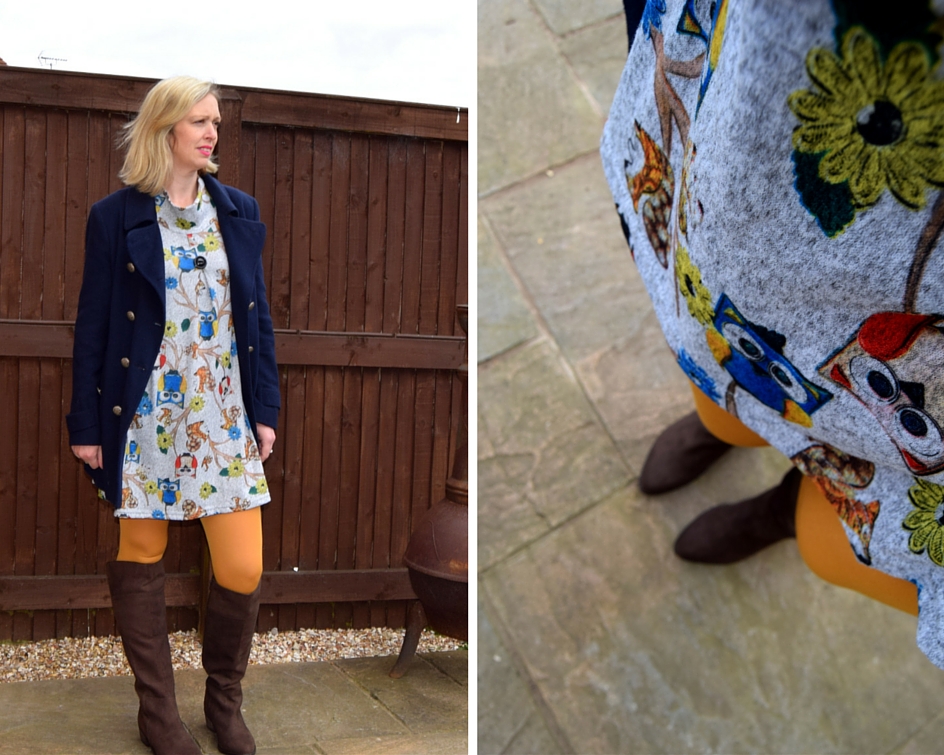Styling A Blue Coat, Owl Jumper & Mustard Tights Styling A Blue Coat, Owl Jumper & Mustard Tights