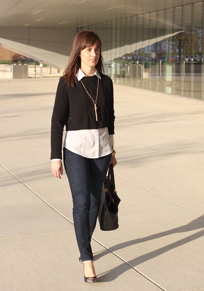 two-in-one sweater/shirt combo, snake pumps, fall look, skinny jeans
