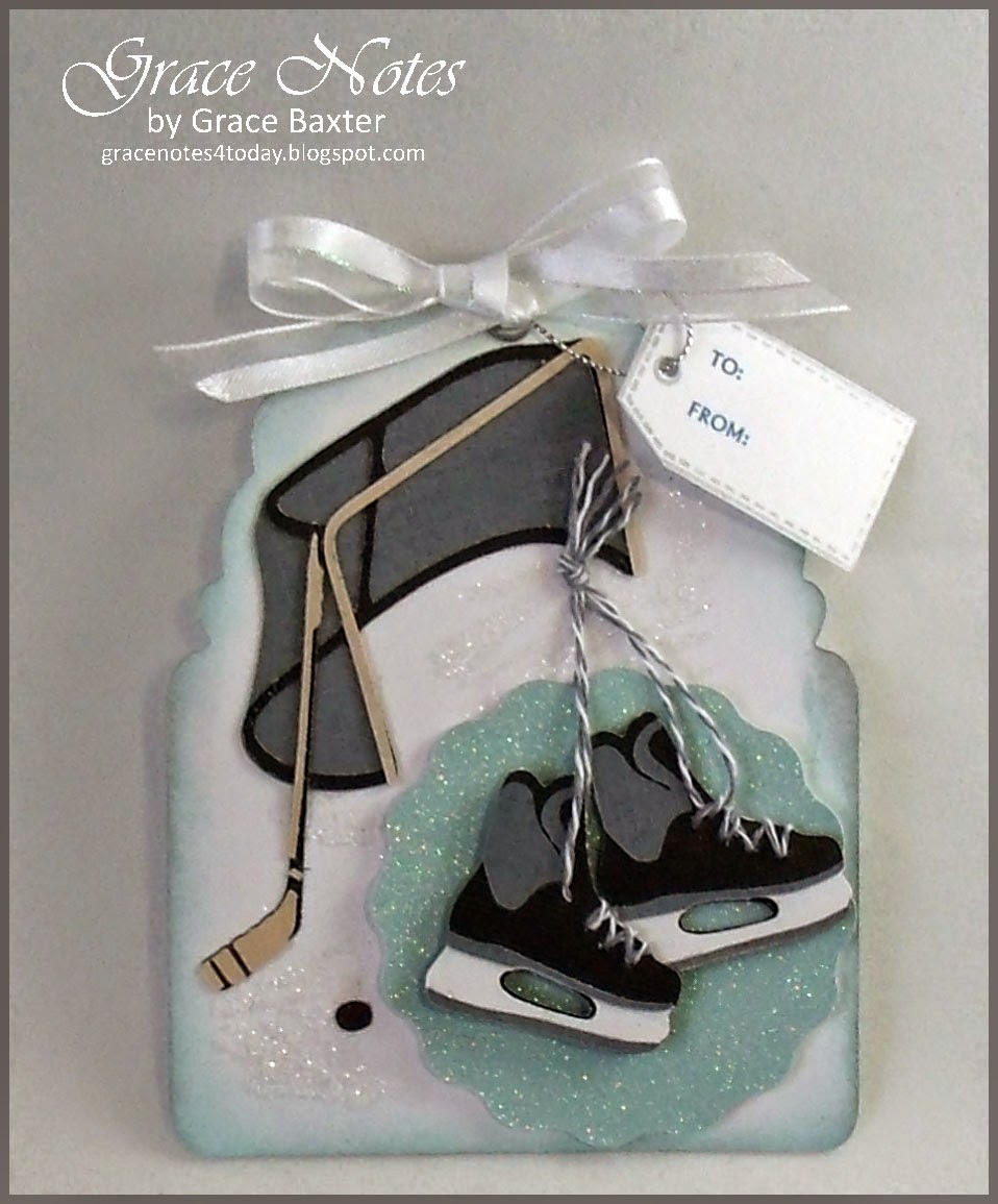 Hockey themed gift tag ~ skates, stick, puck, net and ice