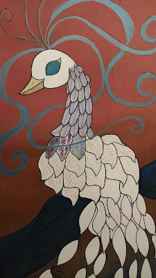 adding the second layers of color to the white peacock feathers