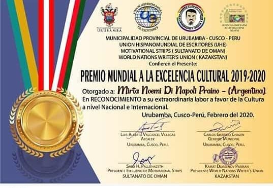 Mirta Praino Pte.ForoMujeresdeIberoamerica Recibe Premio Mundial Excelencia Cultural 2019-2020