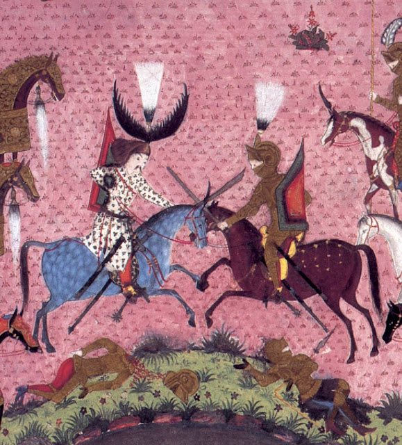 Osmanlı minyatüründe akıncılardan Sinan Bey’in (sol) Macar şövalye Eugene ile dövüşmesi (Süleymanname, 1526)