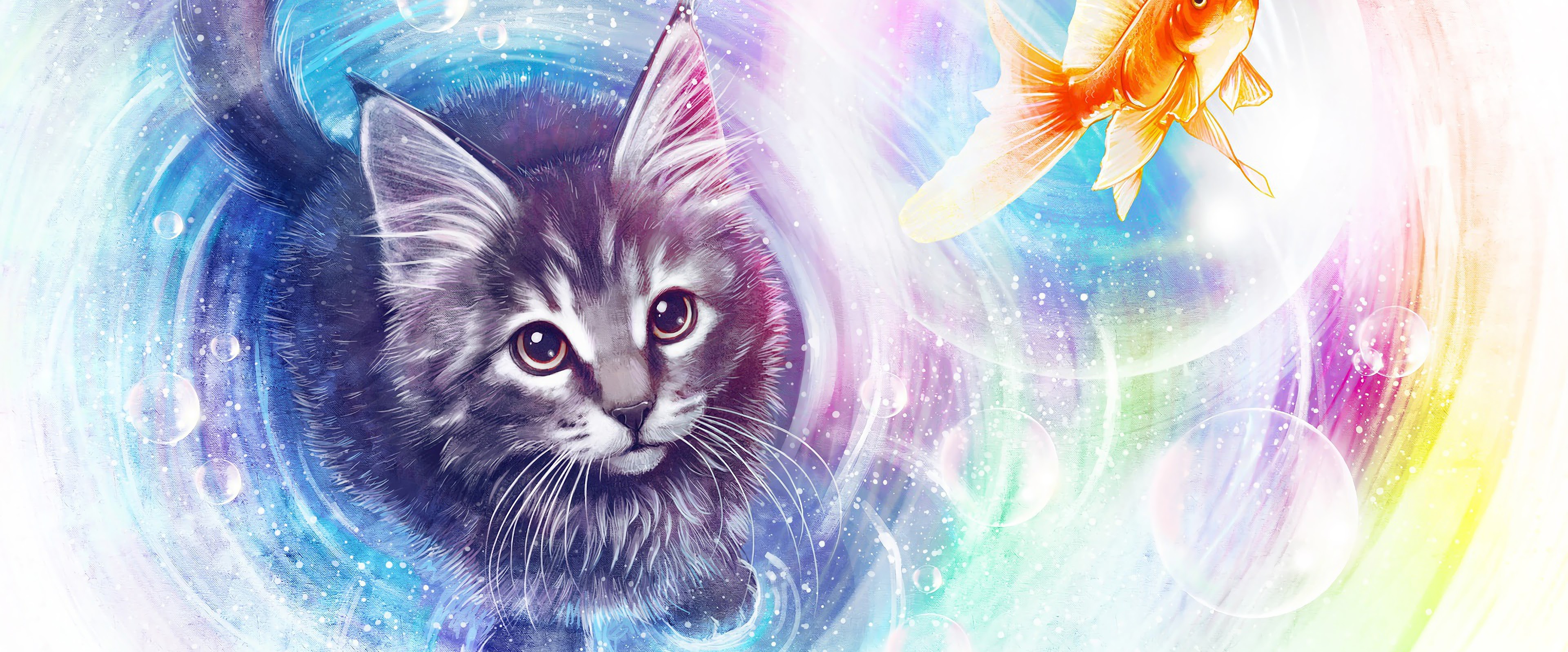 Cat, Art, Goldfish, Fantasy, 4K, 3840x2160, #7 Wallpaper PC Desktop