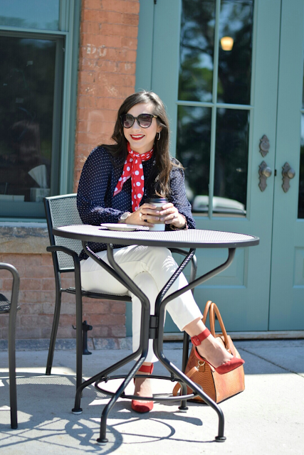 Teacher outfit: Navy and Red Polka Dots with Cat Eye Sunglasses