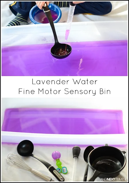 Lavender water fine motor sensory bin for toddlers and preschoolers from And Next Comes l