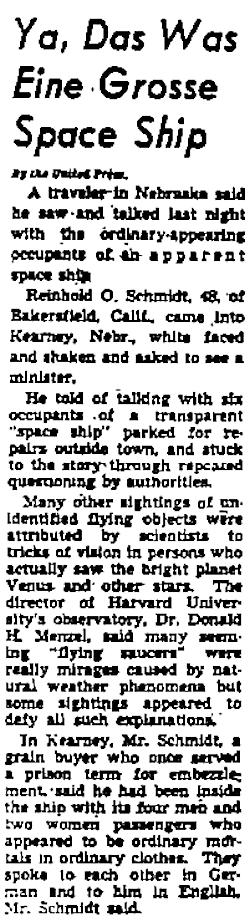 Occupants of Downed Alien Craft Spoke to Witness in German - W. Telegram 11-8-1957