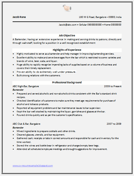Over 10000 CV and Resume Samples with Free Download: Bartender Resume