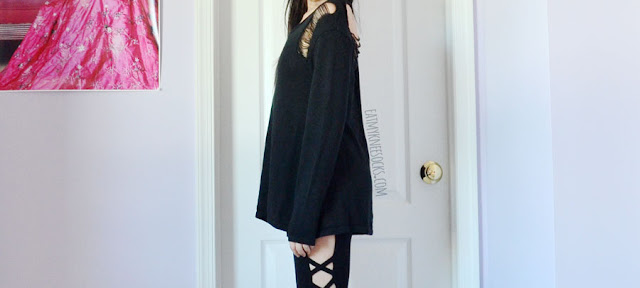 SheIn Fashion Review: Halloween Edition All-black long sleeve distressed ripped heart cutout grunge oversized sweater from SheIn.