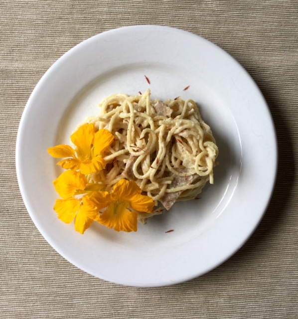 Home Cooked Vegan Seitan in Saffron Sauce with Spaghetti