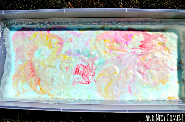 Tie dye rainbow soap foam bubbles sensory play bin activity