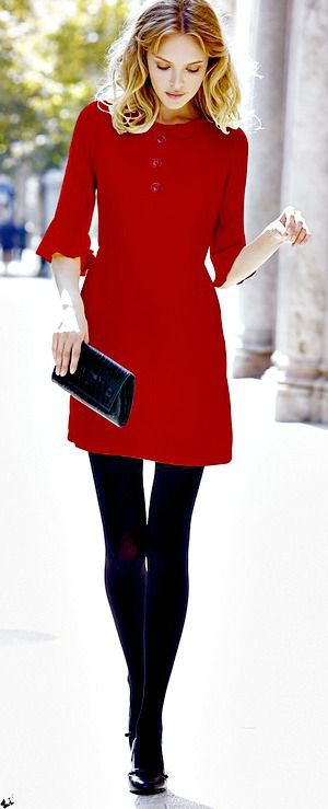 Feminine red dress and black tights | Just a Pretty Style