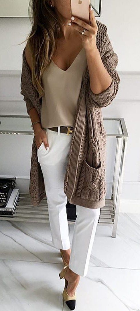 beautiful fall outfit : knit cardigan + nude blouse + white pants + heels
