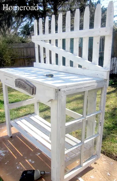 potting bench painted white