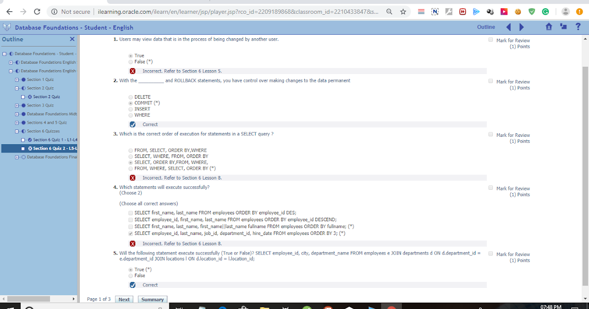 Oracle Quiz Answers Section 6 Quiz 2 Database Foundation