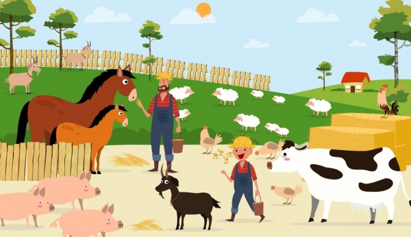 Farming work drawing farmer cattle poultry icons decoration Free vector