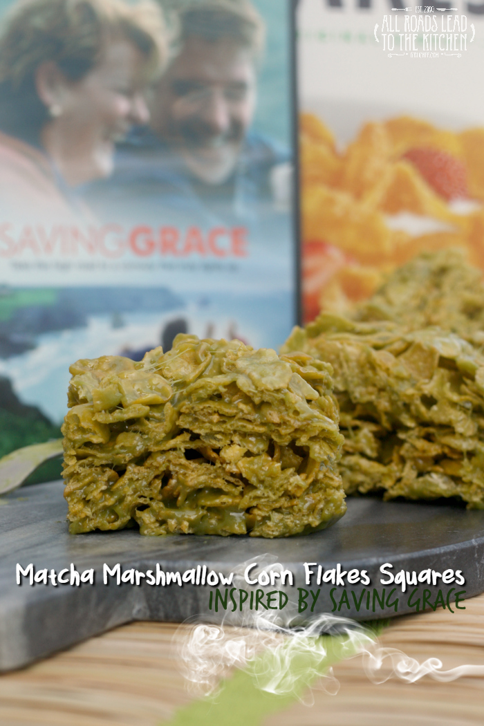 Matcha Marshmallow Corn Flakes Squares inspired by Saving Grace