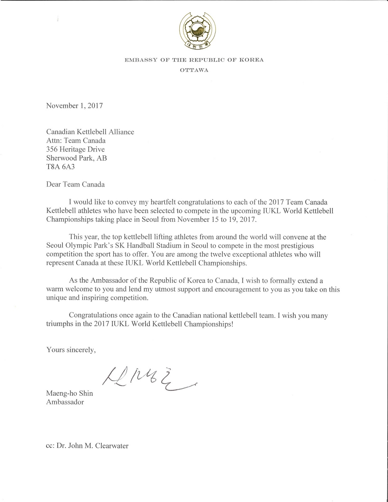 TEAM CANADA Kettlebell 2018 Championship Congratulatory Letter from