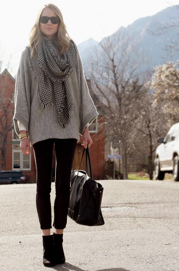 Fall Outfit grey poncho sweater, black suede pants, black wedge booties ...