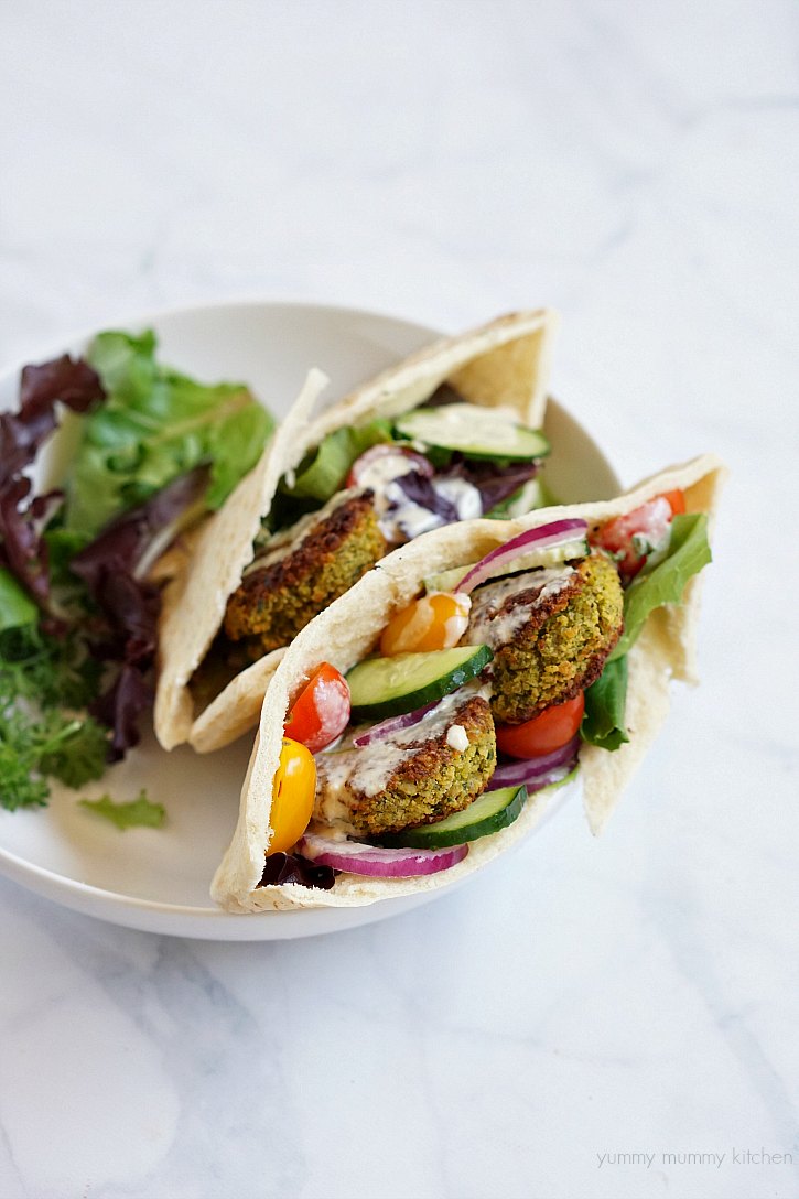 Falafel pitas with tahini sauce Tahini sauce ads great flavor to falafel pitas stuffed with veggies.