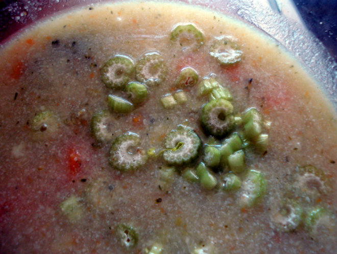Thick vegetable soup by Laka kuharica:  add sliced celery stalk