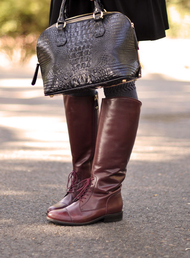 burgundy, oxblood, riding boots, crocodile bag