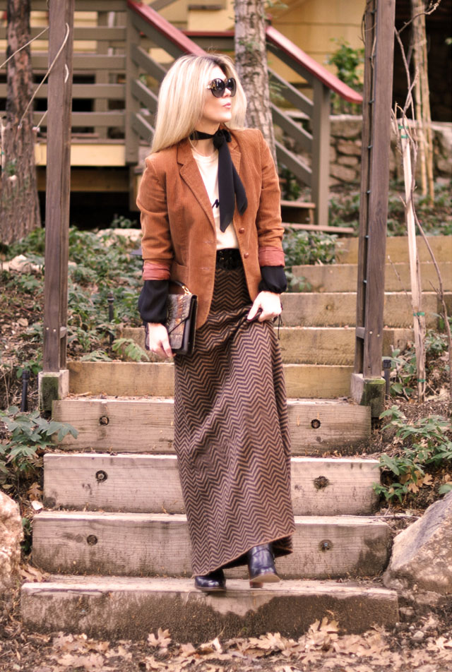 cognac and black outfit, chevron maxi skirt, bonjour sweater