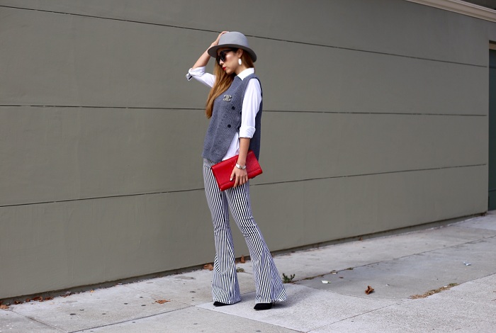 Shein sweater vest, j crew white shirt, alice and olivia stripe flare pants, casadei ankle booties, saint laurent clutch, kendra scott earrings, hat attack ny, chanel brooch, fashion blog, nyc blogger, san francisco street style, fall essentials, karen walker super duper sunglasses