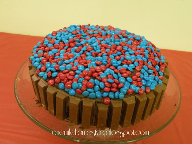 Blue and Red M&M and Kit Kat Cake