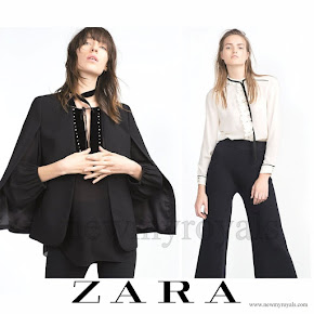 Princess Madeleine wore Zara cape jacket and Zara with tie neck blouse