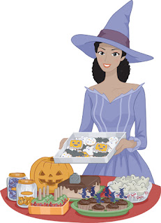 Clipart image of a woman in a witch's hat making food