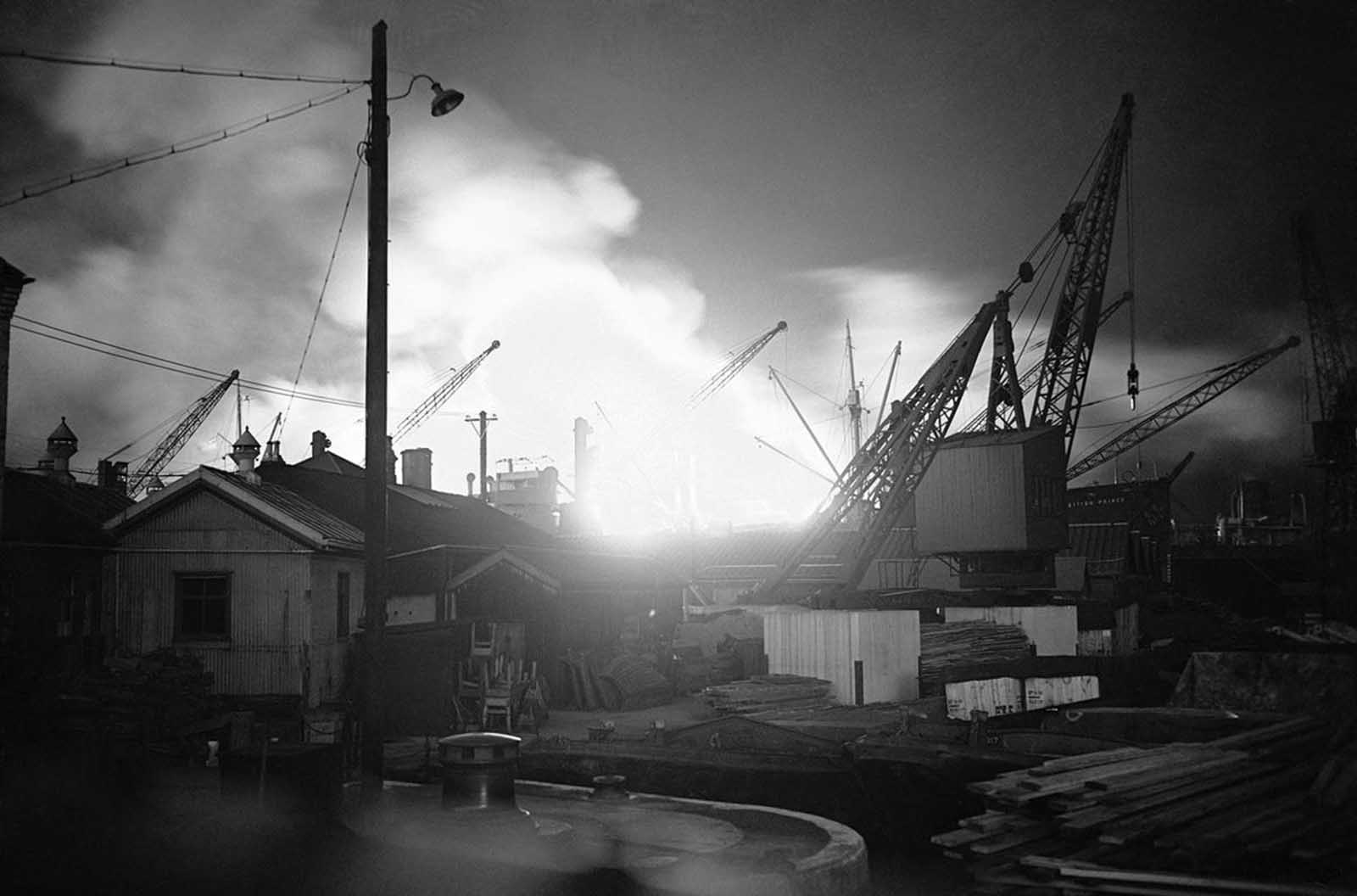 One of many fires started in Surrey Commercial Dock, London, on September 7, 1940, after a heavy raid during the night by German bombers.