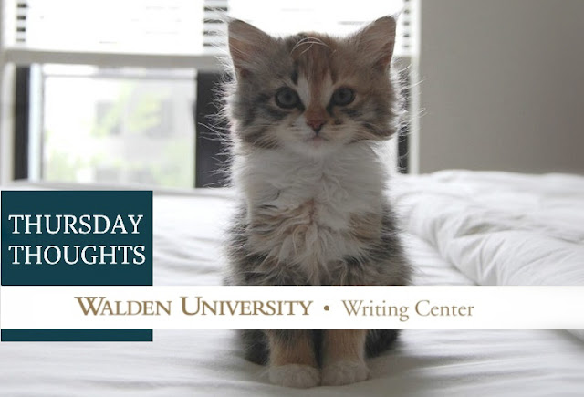 Adorable kitten sits on a bed looking contemplative. Text overlay reads "Thursday Thoughts: Walden University Writing Center"