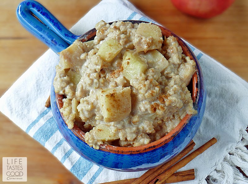 Slow Cooked Apple Pie Oatmeal | by Life Tastes Good is a comforting mix of apples, steel cut oats, milk, cinnamon, and a touch of brown sugar. #SundaySupper #SlowCooker