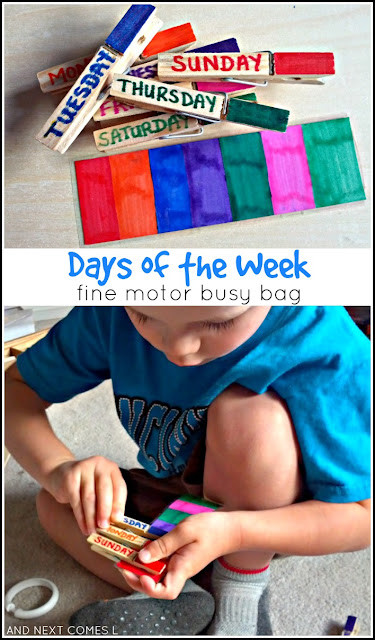 Fine motor busy bag idea for kids to learn the days of the week from And Next Comes L
