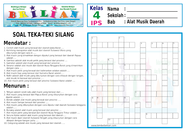 Soal Teka-Teki Silang SD Kelas 4 Tentang Alat Musik Daerah Daerah Dan Kunci Jawaban