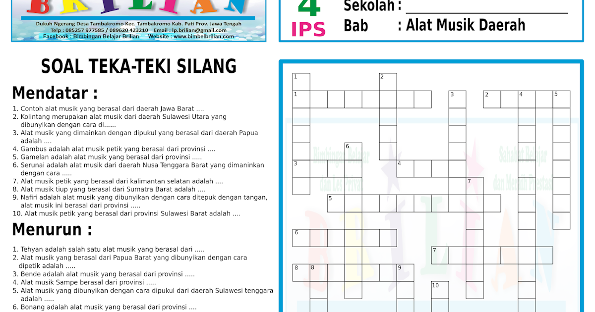 Soal Teka-Teki Silang SD Kelas 4 Tentang Alat Musik Daerah Daerah Dan