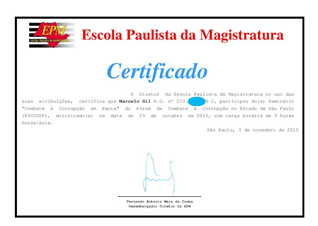 CERTIFICADO DE PARTICIPAÇÃO DO CICLO DE PALESTRAS DA ESCOLA PAULISTA DE MAGISTRATURA / 2015