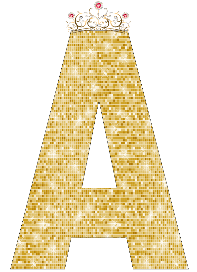 Abecedario de Corona con Fondo Dorado. Alphabet of Crown with Golden Background.
