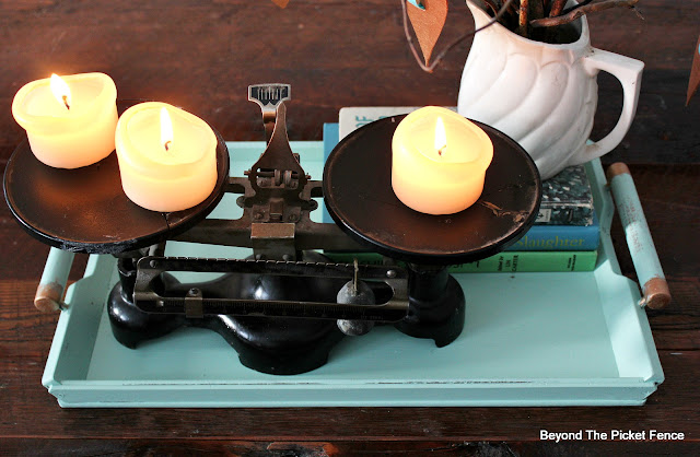 tray, centerpiece, vintage balance, candles, old books, http://bec4-beyondthepicketfence.blogspot.com/2016/01/how-to-make-centerpiece.html